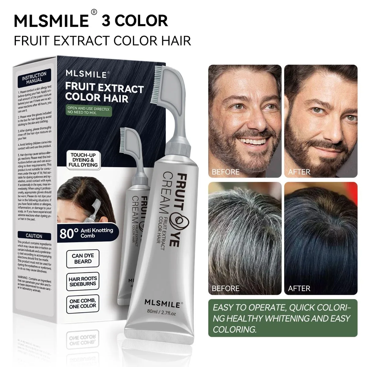 Comb-In Hair Color Cream with Comb Applicator – Natural Black Gray Coverage, Ammonia-Free Gentle Scalp-Friendly Formula, Easy No-Mix Application for Men & Women, Long-Lasting
